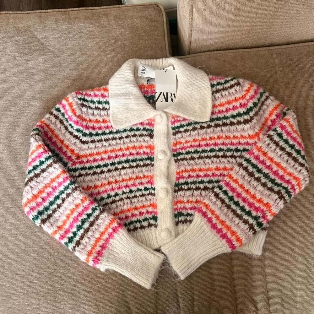 Zara Multi-Colored Striped Knit Collared Cardigan